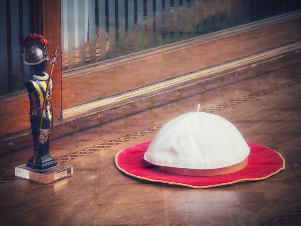 A lone Zuccehto sits in the window of the Pope's tailor - Gammarelli