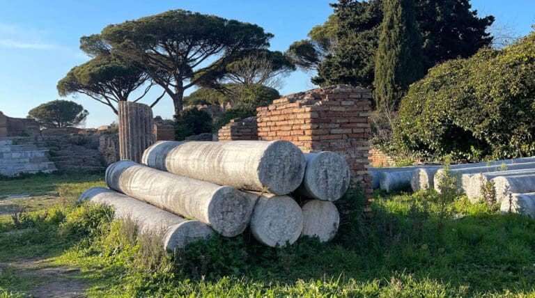 ancient coloumns piled up at ostia antica