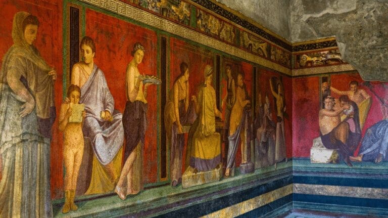 Villa of the Mysteries Pompeii showing the famous frescoes in the triclinium that show what is thought to be an initiation rite into the cult of Dionysius