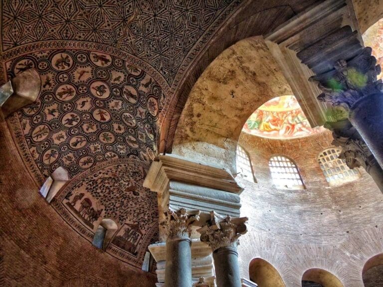 view up to ceiling and dome of the Church of Santa Constanza Rome showing ancient mosaics