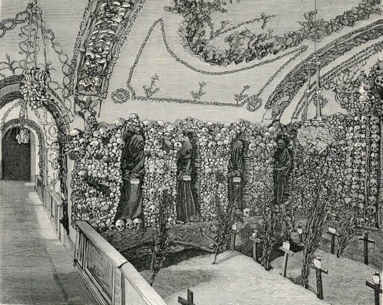 Black and white sketch showing one of the chapels of the Crypt of the Capuchins in Rome, showing robed skeletons of friars in niches made from human skulls