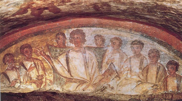 Ancient Last Supper fresco in the catacombs of Domitilla Rome