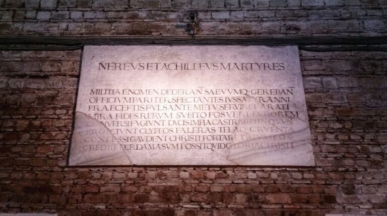 Inscription on a marble plaque dedicated to Nereus and Achilleus in the catacombs of Domitilla in Rome