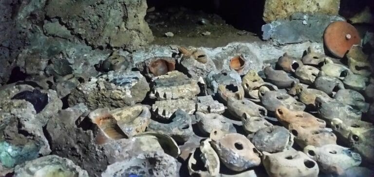Roman period terracotta oil lamps found in the catacombs of Domitilla in Rome