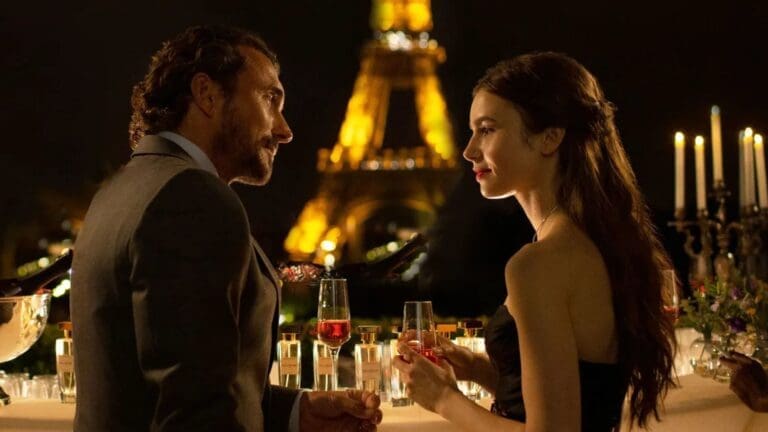 Emily in Paris TV show with the Eiffel Tower in the background