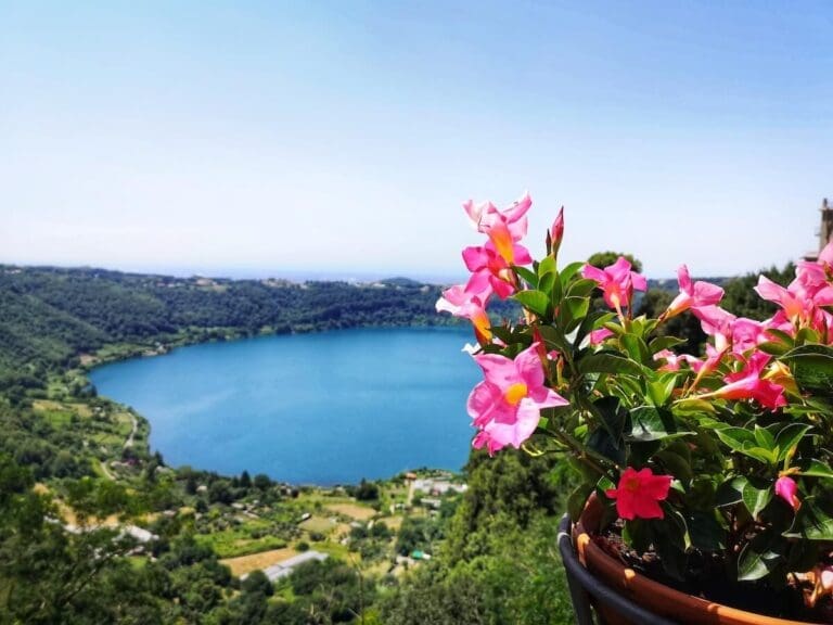 View over lake Nemi in the castelli Romani Italy with a pot of bright pink flowers in the foreground