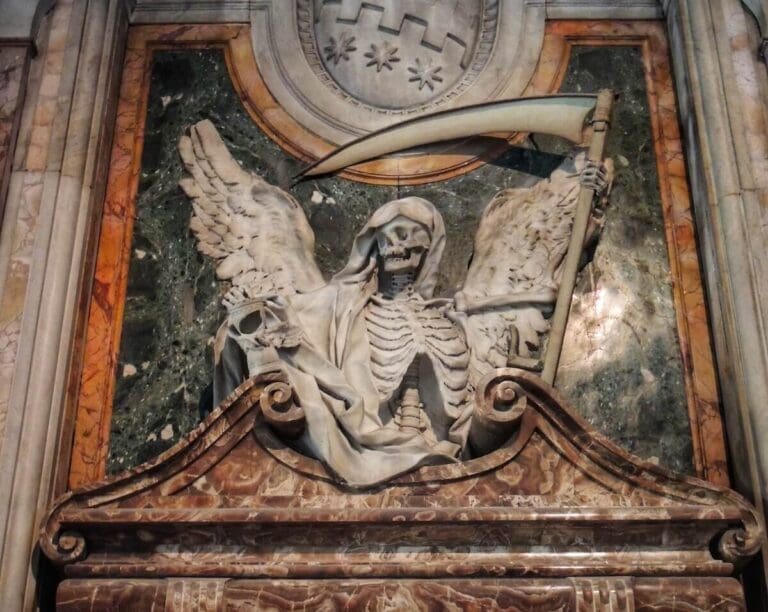 Aldobrandini funeral monument in the church of San Pietro in Vincoli Rome showing a winged skeleton with a scythe
