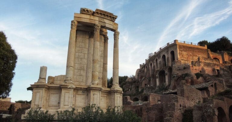 panorama of the temple of vesta in the roman forum