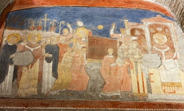 11th century fresco showing The transfer of the remains of St Clement in the lower underground basilica of san clemente in Rome