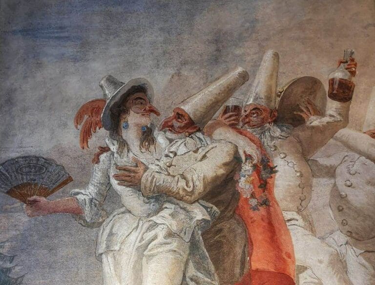 18th century painting of Carnival showing male and female revellers dancing and drinking