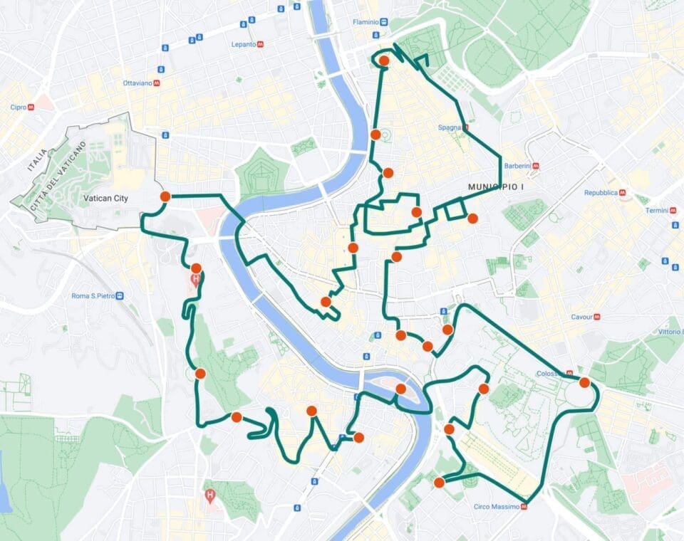 Map of Rome showing the route taken on Through Eternity's Private Tuk Tuk Tour