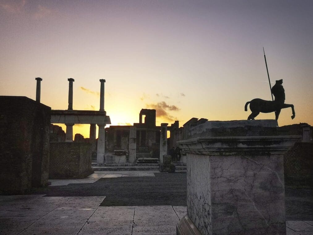 sunset over the forum in pompeii